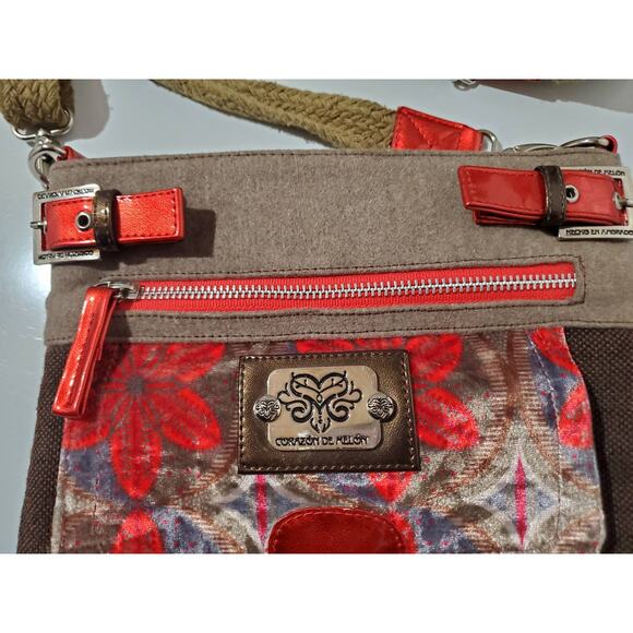 Corazon De Melon Floral Mexican Designer Adjustable Velour Canvas Crossbody Bag - Picture 4 of 11